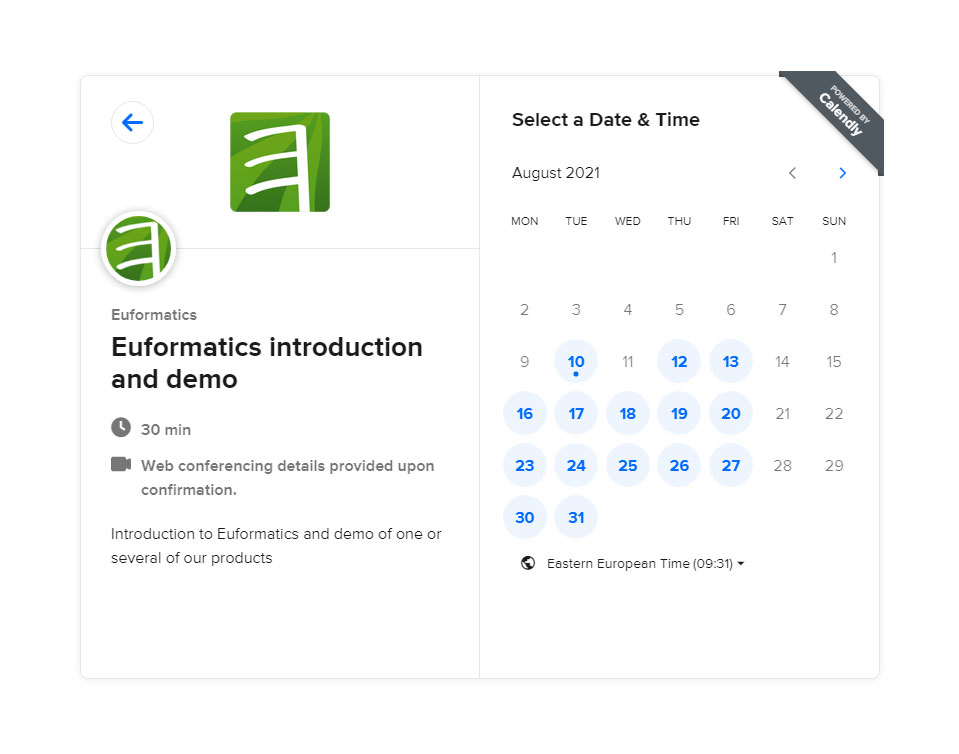Euformatics tapaamisvarauksen toimintonäkymä