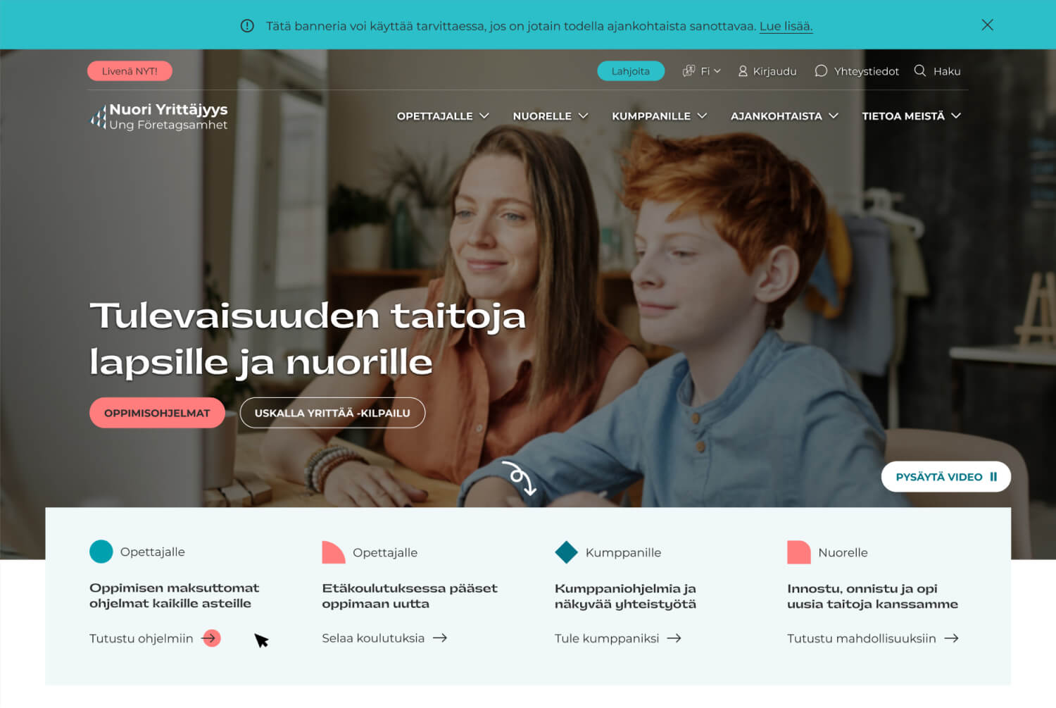 Nuori Yrittäjyys etusivun alkunäkymä
