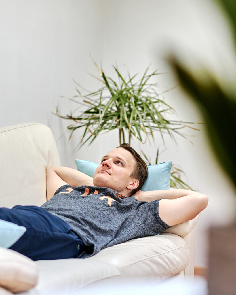 Break time at All Out Agency cellar sofa.